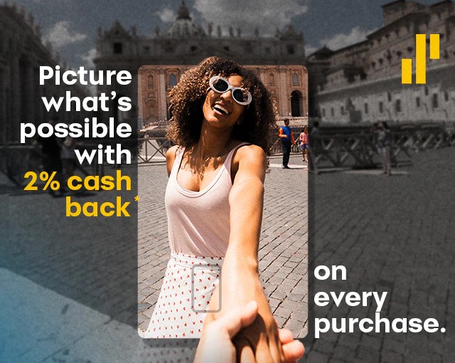 A woman in sunglasses holding hands with someone, picturing what's possible with 2% cash back on a Stansdale Mastercard.